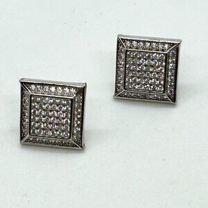 Sterling Silver Square CZ Stud Earrings Iced Out Hip Hop READ Backs Missing